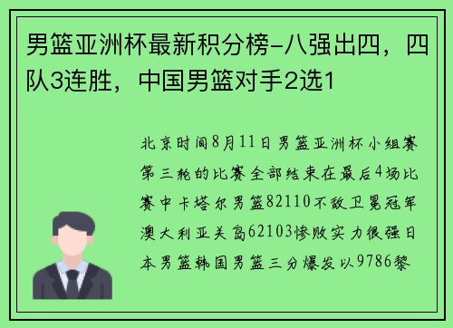 男篮亚洲杯最新积分榜-八强出四，四队3连胜，中国男篮对手2选1